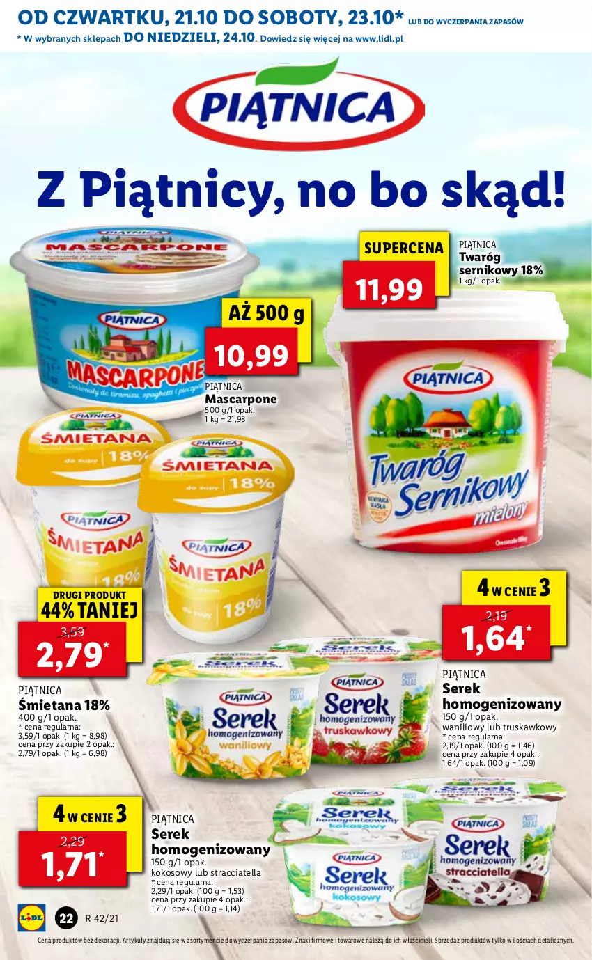 Gazetka promocyjna Lidl - GAZETKA - ważna 21.10 do 24.10.2021 - strona 22 - produkty: Kokos, Mascarpone, Piątnica, Ser, Serek, Serek homogenizowany, Twaróg