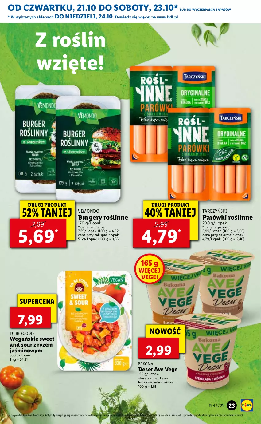 Gazetka promocyjna Lidl - GAZETKA - ważna 21.10 do 24.10.2021 - strona 23 - produkty: Bakoma, Burger, Czekolada, Deser, Kawa, Parówki, Ryż, Ser, Tarczyński