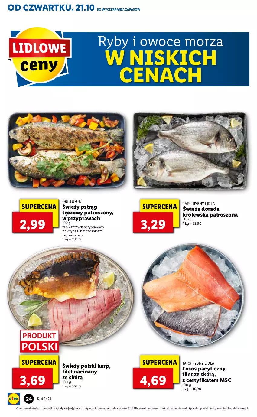 Gazetka promocyjna Lidl - GAZETKA - ważna 21.10 do 24.10.2021 - strona 24 - produkty: Grill, Karp, Owoce, Owoce morza, Pstrąg, Pstrąg tęczowy, Ryby i owoce morza