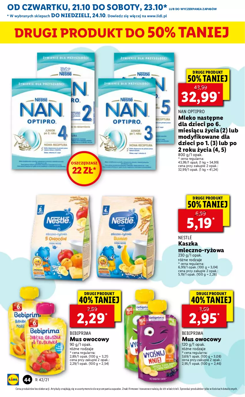 Gazetka promocyjna Lidl - GAZETKA - ważna 21.10 do 24.10.2021 - strona 44 - produkty: Bebiprima, Dzieci, Mleko, Mus, NAN Optipro, Nestlé, O nas, Prima, Ryż