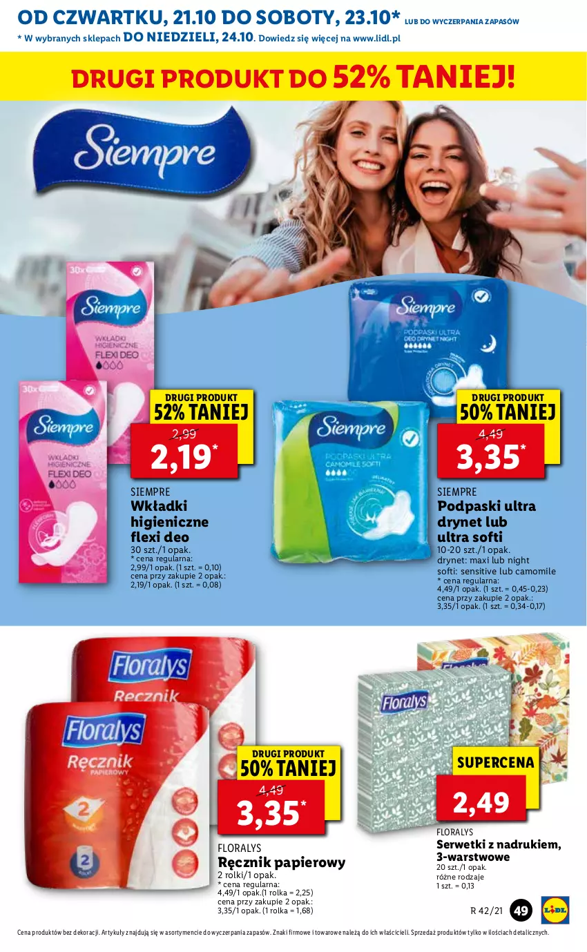 Gazetka promocyjna Lidl - GAZETKA - ważna 21.10 do 24.10.2021 - strona 49 - produkty: Flora, Papier, Podpaski, Ręcznik, Rolki, Ser, Serwetki, Wkładki