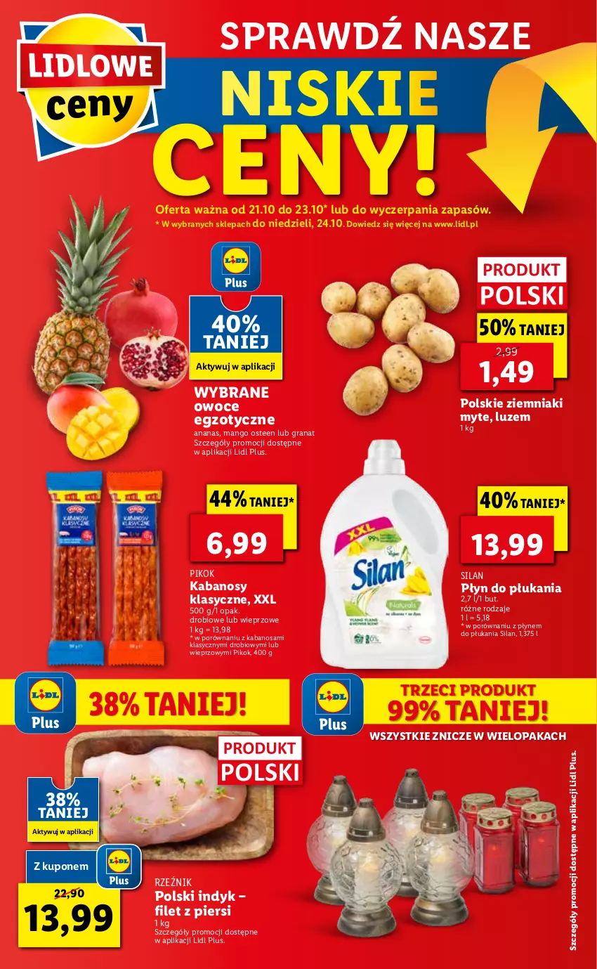 Gazetka promocyjna Lidl - GAZETKA - ważna 21.10 do 24.10.2021 - strona 56 - produkty: Ananas, Gra, Granat, Kabanos, Mango, Owoce, PIKOK, Płyn do płukania, Por, Silan, Ziemniaki, Znicz