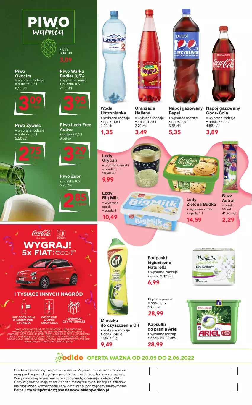 Gazetka promocyjna Odido - Gotowi NA SUPER OKAZJE! - ważna 20.05 do 02.06.2022 - strona 4 - produkty: Ariel, Big Milk, Cif, Coca-Cola, Gry, Hellena, Kapsułki do prania, Koc, Lody, Mleczko, Napój, Napój gazowany, Naturell, Naturella, Okocim, Oranżada, Pepsi, Piwo, Płyn do prania, Podpaski, Radler, Warka, Woda, Zielona Budka