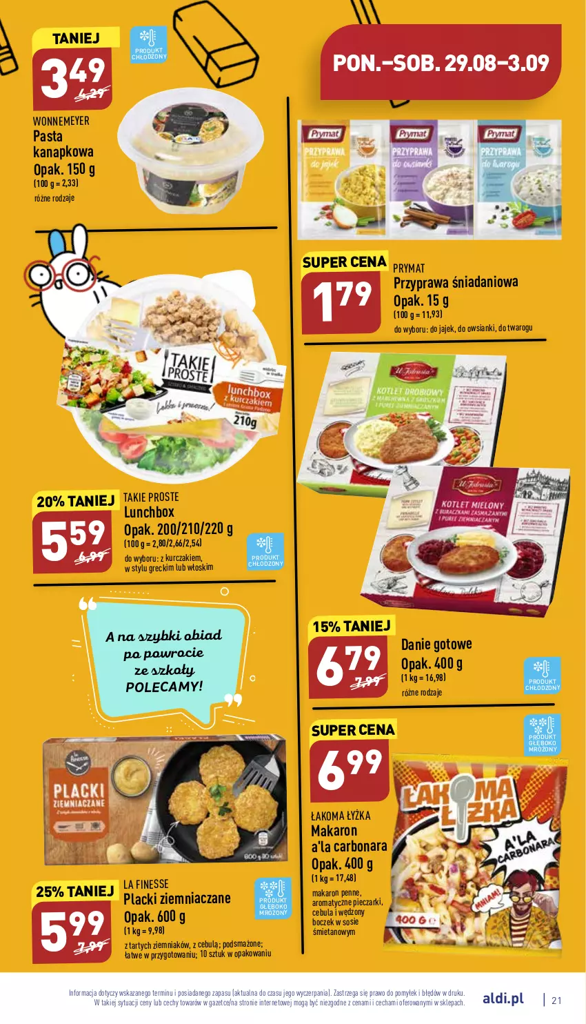 Gazetka promocyjna Aldi - Pełny katalog - ważna 29.08 do 03.09.2022 - strona 21 - produkty: Boczek, Cebula, Danie gotowe, Danio, Kurczak, Lack, Makaron, Penne, Piec, Prymat, Sos