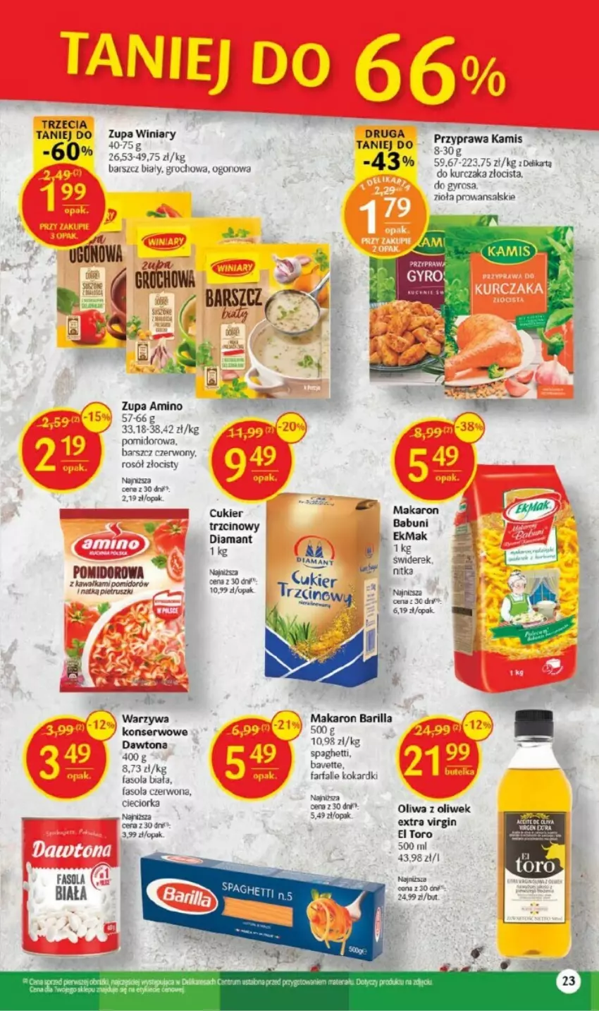 Gazetka promocyjna Delikatesy Centrum - ważna 10.08 do 16.08.2023 - strona 16 - produkty: Babuni, Barilla, Cieciorka, Cukier, Dawtona, Diamant, Fa, Fasola, Gin, Groch, Gyros, Kamis, Kawa, Makaron, Oliwa, Oliwa z oliwek, Orka, Rosół, Ser, Spaghetti, Winiary, Zupa