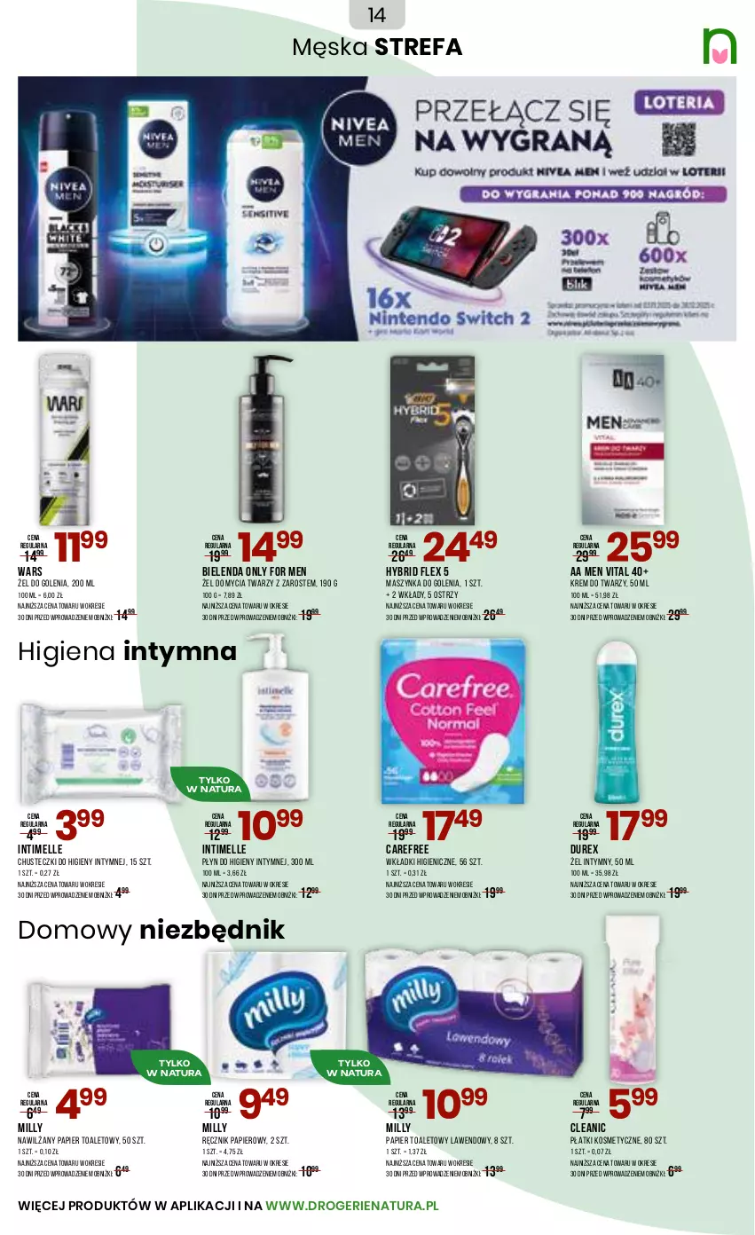 Gazetka promocyjna Drogerie Natura - Gazetka Drogerie Natura - ważna 10.11 do 26.11.2025 - strona 14 - produkty: Bielenda, Carefree, Chusteczki, Chusteczki do higieny, Cleanic, Durex, Fa, Krem do twarzy, Maszynka, Maszynka do golenia, Nawilżany papier, Papier, Papier toaletowy, Płatki kosmetyczne, Płyn do higieny intymnej, Ręcznik, Szynka, Wkładki