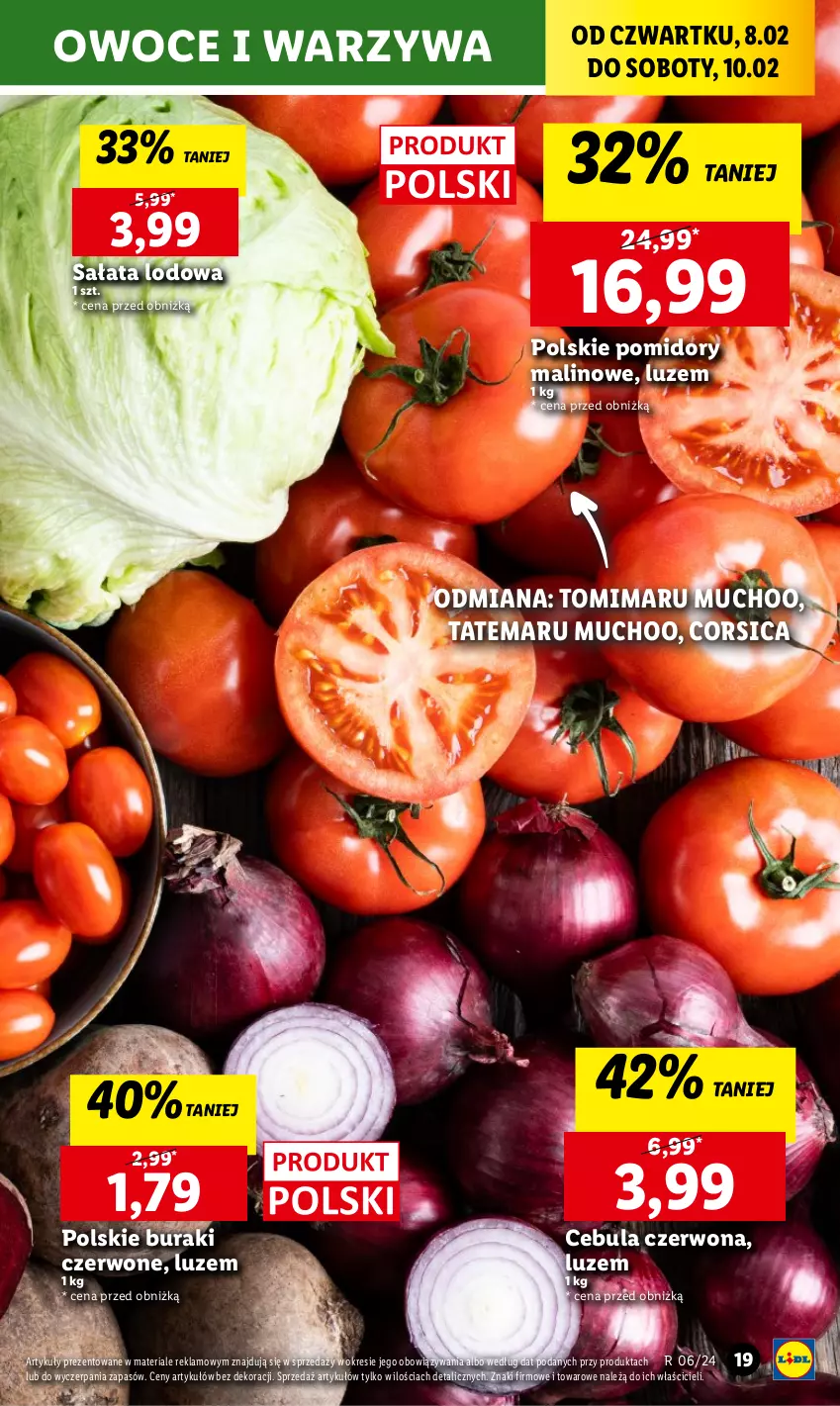 Gazetka promocyjna Lidl - GAZETKA - ważna 08.02 do 10.02.2024 - strona 21 - produkty: Buraki, Cebula, Cebula czerwona, Owoce, Pomidory, Sałat, Sałata lodowa, Warzywa