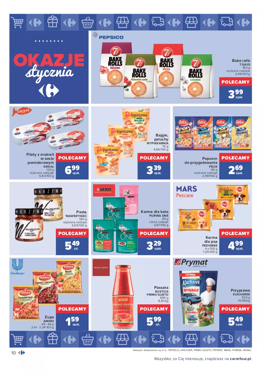 Gazetka promocyjna Carrefour - Gazetka Carrefour Okazje stycznia - ważna 03.01 do 31.01.2022 - strona 10 - produkty: 7 Days, Bajgle, Bake Rolls, Felix, Gra, Graal, Kucharek, Mars, Pedigree, Pepsi, Popcorn, Prymat, Pur, Purina, Rust, Sos, Zupa