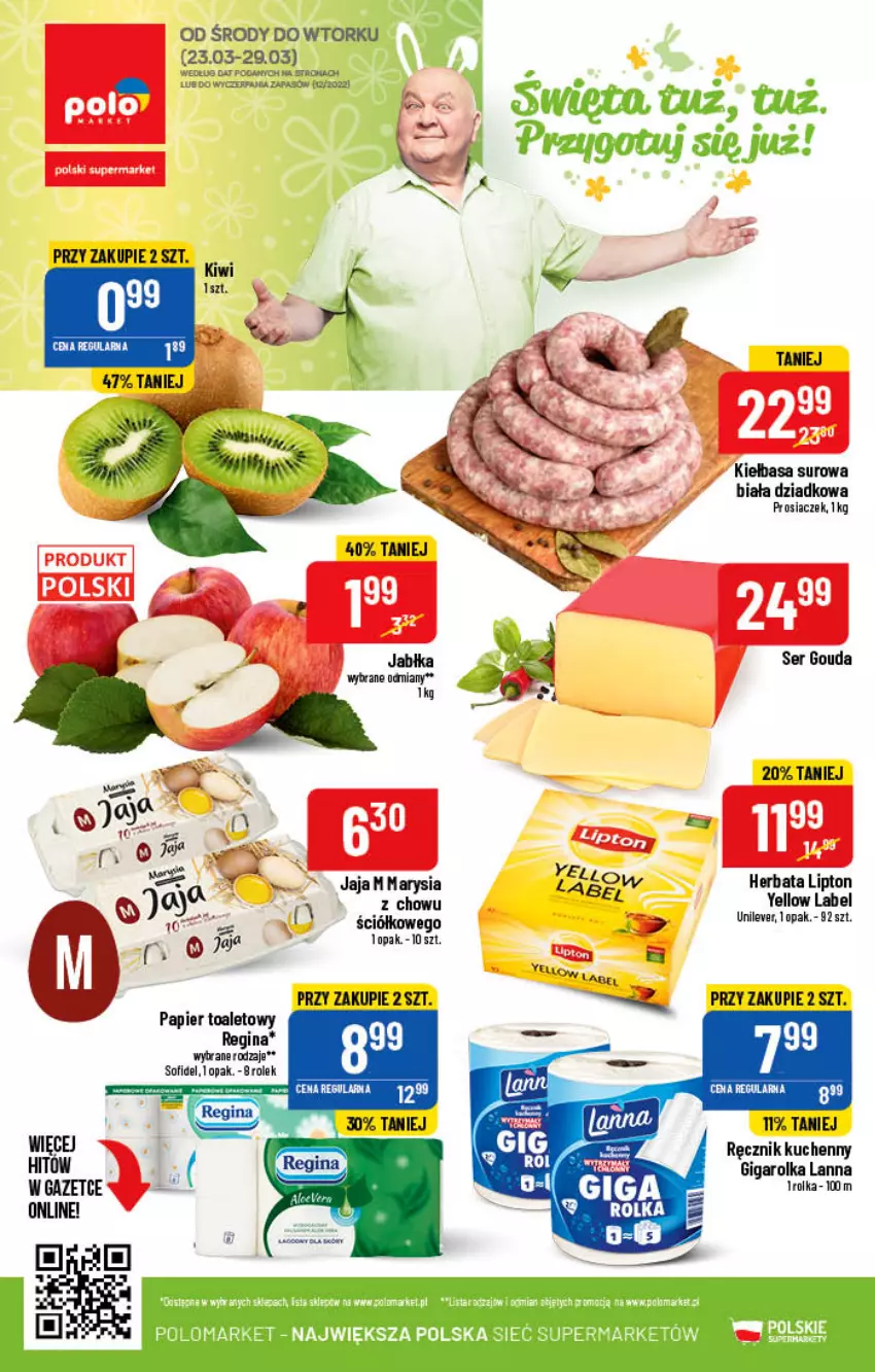 Gazetka promocyjna PoloMarket - Gazetka pomocyjna - ważna 23.03 do 29.03.2022 - strona 56 - produkty: Gin, Gouda, Herbata, Jaja, Kiełbasa, Lipton, Papier, Papier toaletowy, Ręcznik, Ręcznik kuchenny, Ser