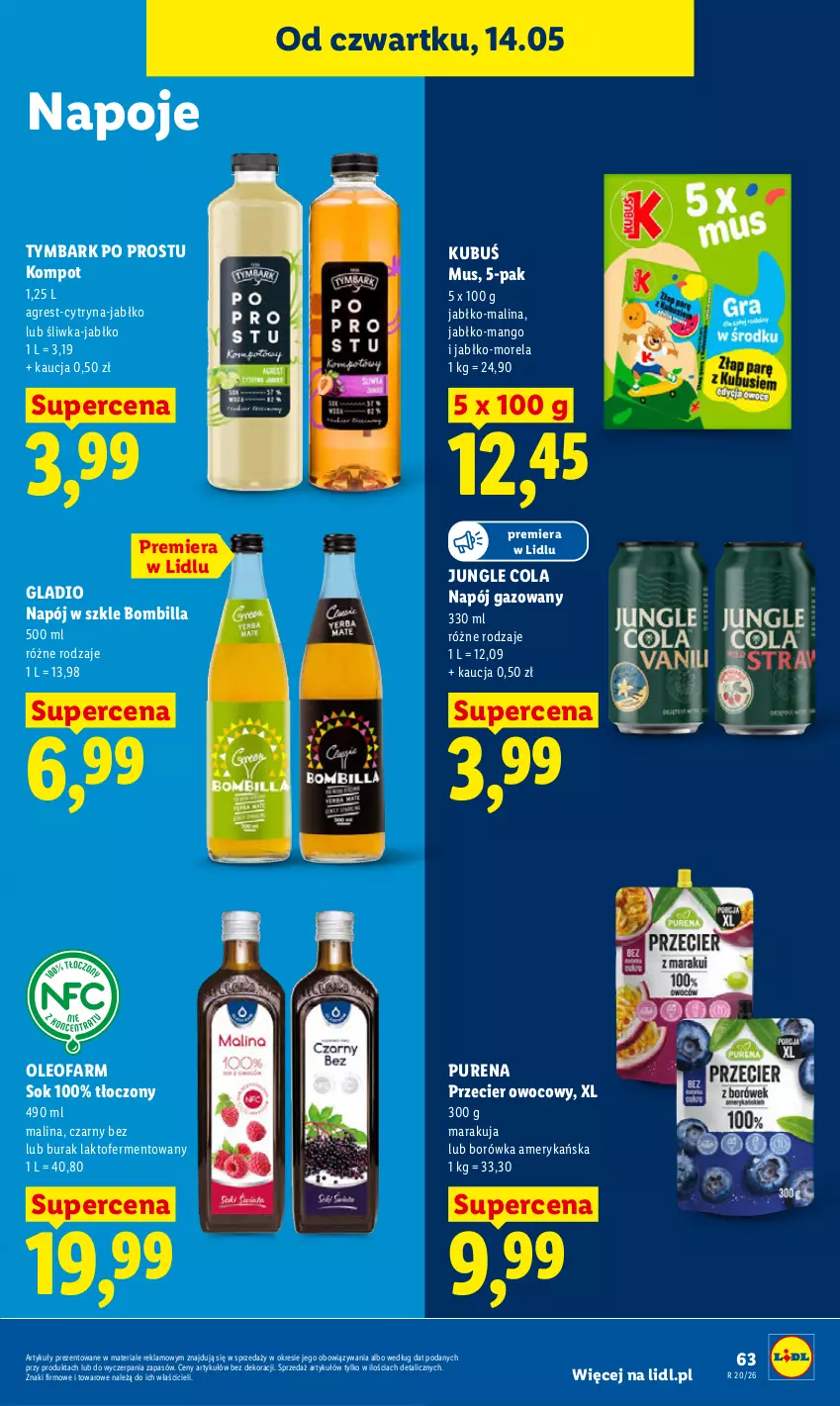 Gazetka promocyjna Lidl - Gazetka ważna od 14.05 do 16.05 - ważna 14.05 do 16.05.2026 - strona 67 - produkty: Borówka, Borówka amerykańska, Fa, Gres, Kubuś, Mango, Morela, Mus, Napój, Napój gazowany, Napoje, Oleo, Oleofarm, Pur, Sok, Tymbark