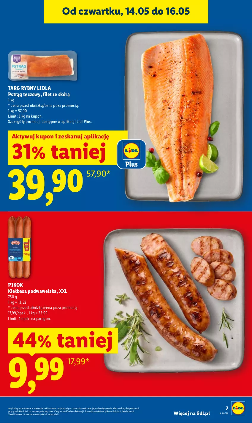 Gazetka promocyjna Lidl - Gazetka ważna od 14.05 do 16.05 - ważna 14.05 do 16.05.2026 - strona 7 - produkty: Kiełbasa, Kiełbasa podwawelska, PIKOK, Pstrąg, Pstrąg tęczowy, Wawel