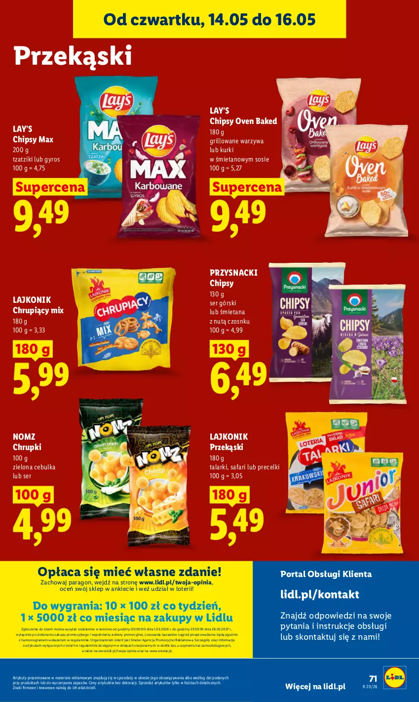 Gazetka promocyjna Lidl - Gazetka ważna od 14.05 do 16.05 - ważna 14.05 do 16.05.2026 - strona 77 - produkty: Chipsy, Chrupki, Fa, Gra, Grill, Gyros, Lajkonik, Laur, Lay’s, Mola, Por, Portal, Precelki, Przysnacki, Ser, Sos, Warzywa