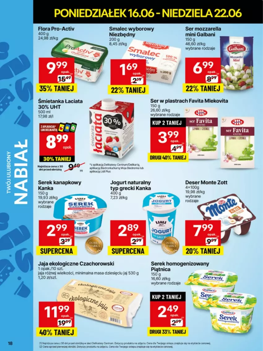 Gazetka promocyjna Delikatesy Centrum - Franczyza DC25 Poniedziałek - ważna 16.06 do 22.06.2025 - strona 18 - produkty: Deser, Fa, Favita, Flora, Galbani, Jaja, Jogurt, Jogurt naturalny, Monte, Mozzarella, Obraz, Piątnica, Rum, Ser, Serek, Serek homogenizowany, Serek kanapkowy, Smalec, Zott