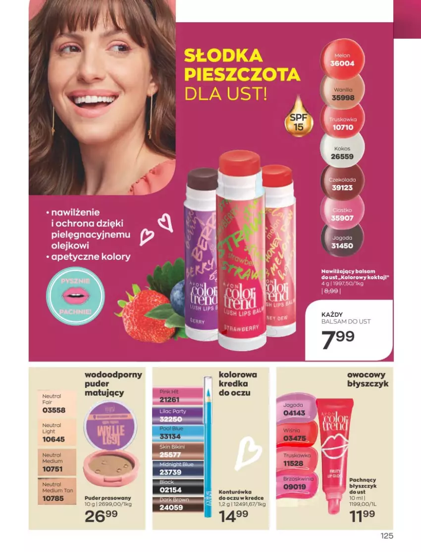 Gazetka promocyjna Avon - Katalog Avon 2/2023 kampania luty - ważna 01.02 do 28.02.2023 - strona 125 - produkty: Balsam do ust, Bikini, Fa, Konturówka do ust, Nawilżający balsam, Olej, Puder, Puder prasowany