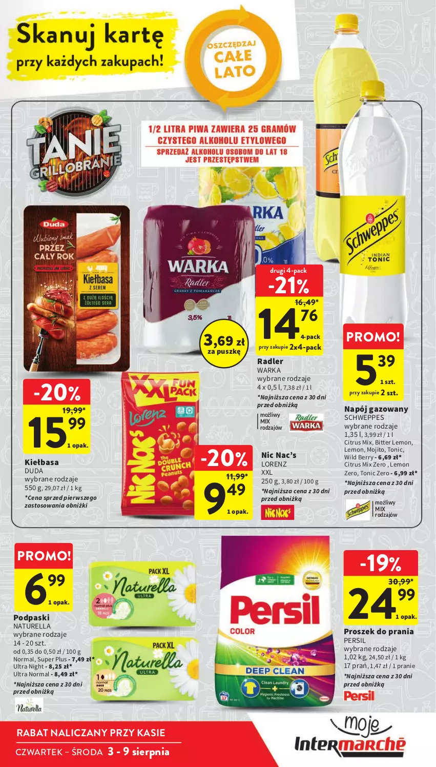 Gazetka promocyjna Intermarche - Gazetka Intermarche - ważna 03.08 do 09.09.2023 - strona 10 - produkty: Duda, Kiełbasa, Lorenz, Napój, Napój gazowany, Naturell, Naturella, Persil, Podpaski, Proszek do prania, Radler, Schweppes, Warka