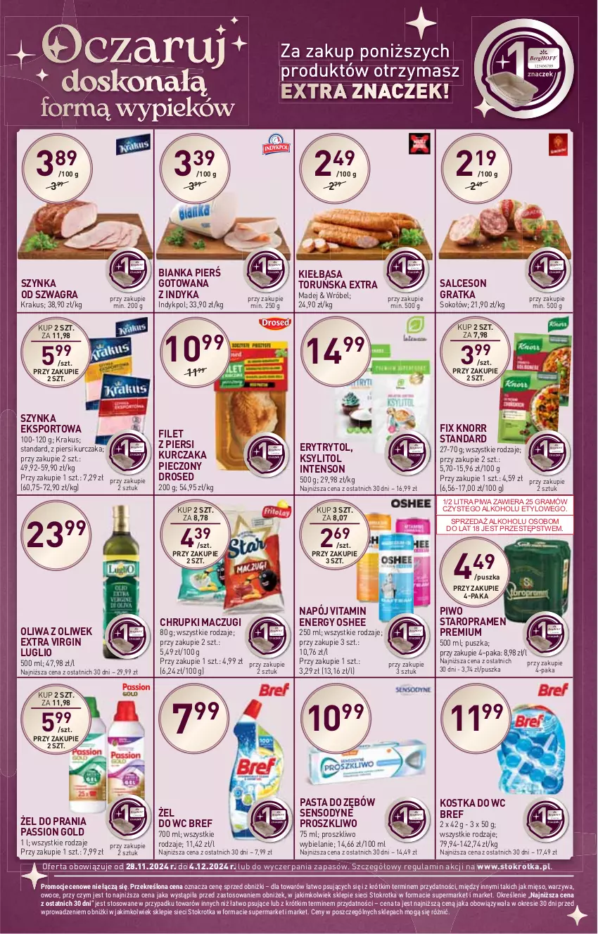 Gazetka promocyjna Stokrotka - Supermarket - ważna 28.11 do 04.12.2024 - strona 42 - produkty: Bianka, Bref, Chrupki, Filet z piersi kurczaka, Gin, Gra, HP, Kiełbasa, Knorr, Kostka do wc, Krakus, Ksylitol, Kurczak, Napój, Oliwa, Oliwa z oliwek, Oshee, Pasta do zębów, Piec, Piwa, Piwo, Por, Salceson, Sensodyne, Sok, Sokołów, Sport, Szynka