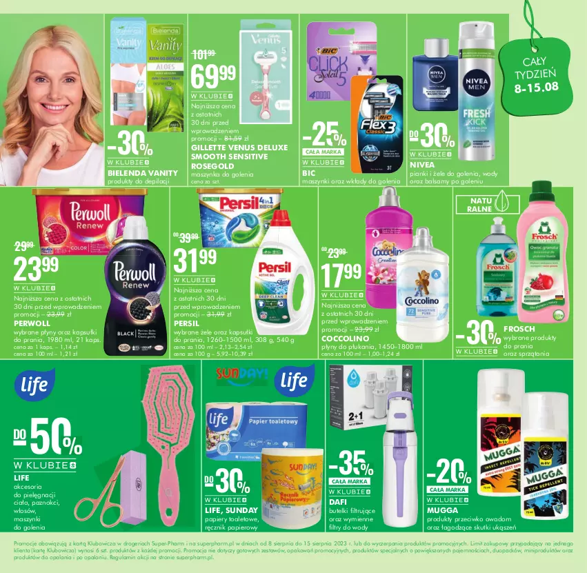 Gazetka promocyjna Super Pharm - Gazetka - ważna 08.08 do 15.08.2023 - strona 10 - produkty: BIC, Bielenda, Coccolino, Frosch, Gillette, Gillette Venus, Kapsułki do prania, Maszynka, Maszynka do golenia, Nivea, Papier, Persil, Perwoll, Ręcznik, Szynka, Venus