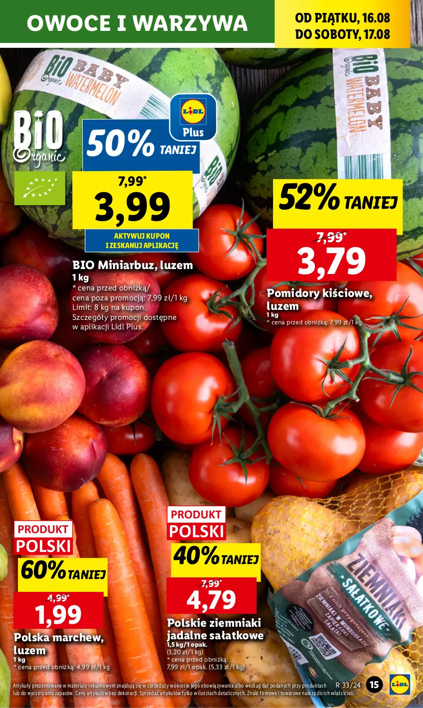 Gazetka promocyjna Lidl - GAZETKA - ważna 16.08 do 17.08.2024 - strona 19 - produkty: Arbuz, Owoce, Pomidory, Sałat, Warzywa, Ziemniaki