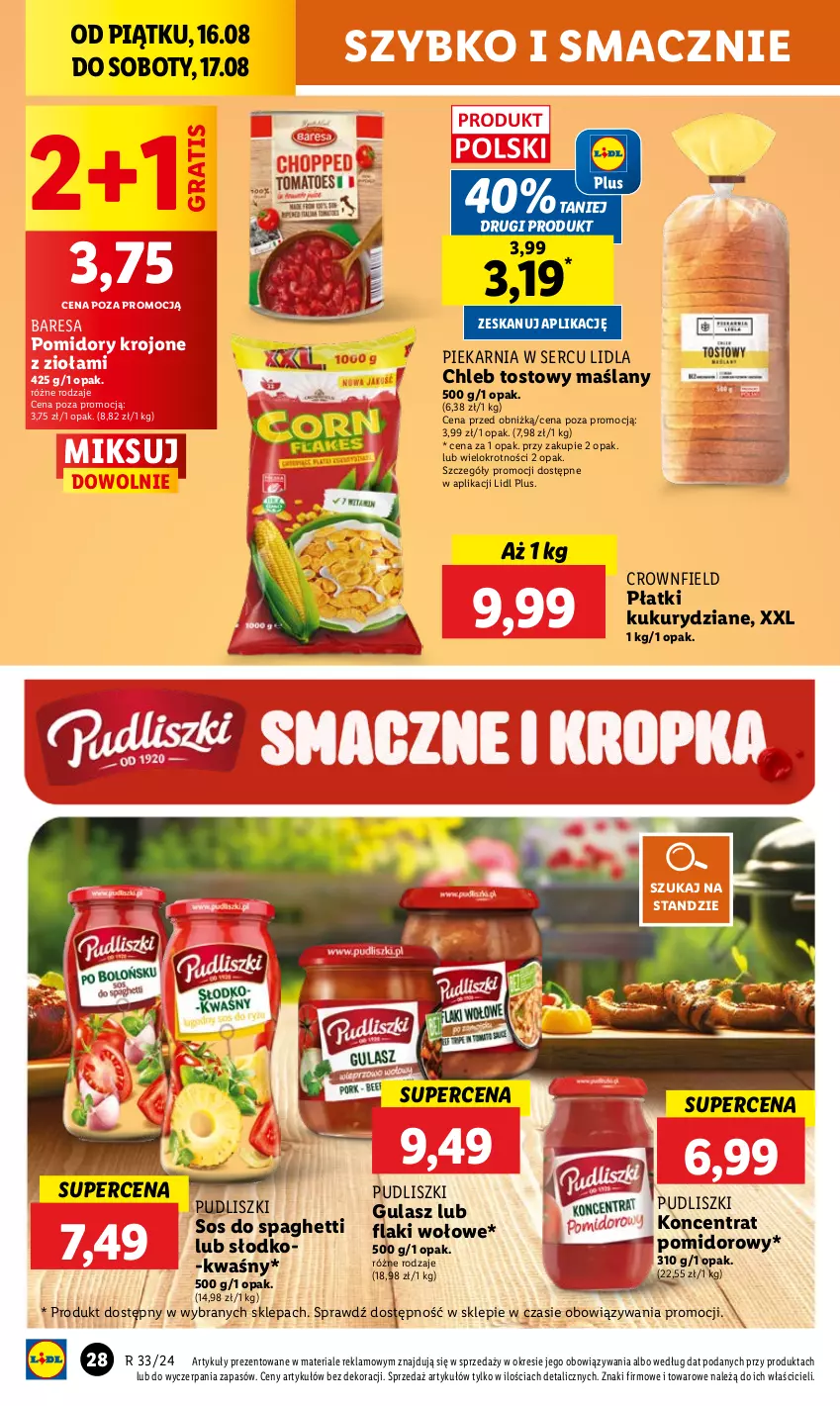 Gazetka promocyjna Lidl - GAZETKA - ważna 16.08 do 17.08.2024 - strona 36 - produkty: Chleb, Chleb tostowy, Flaki, Flaki wołowe, Gra, Koncentrat pomidorowy, Pomidory, Pomidory krojone, Pudliszki, Ser, Sos, Spaghetti