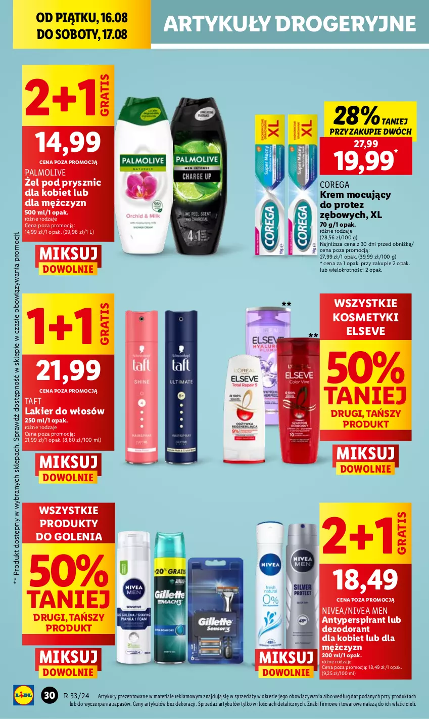 Gazetka promocyjna Lidl - GAZETKA - ważna 16.08 do 17.08.2024 - strona 38 - produkty: Antyperspirant, Corega, Dezodorant, Elseve, Gra, Lakier, Lakier do włosów, Nivea, Nivea Men, Palmolive, Taft