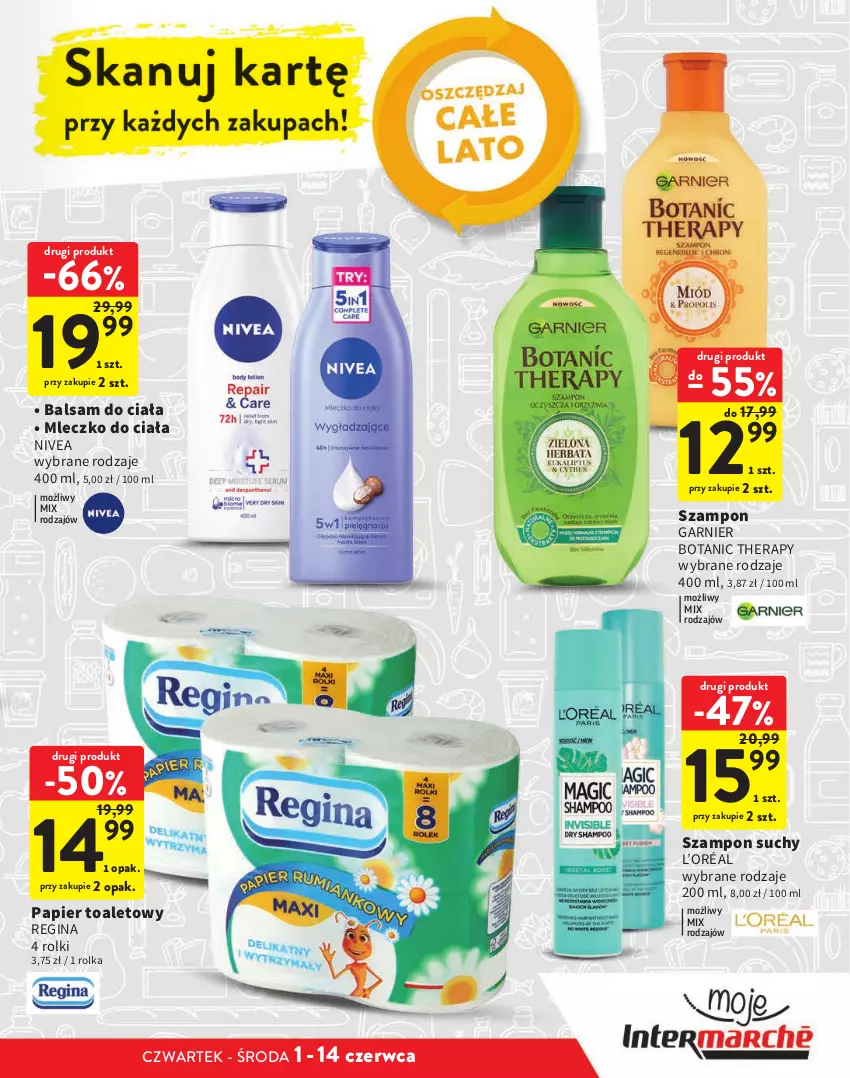 Gazetka promocyjna Intermarche - katalog - ważna 01.06 do 14.06.2023 - strona 21 - produkty: Balsam do ciała, Garnier, Gin, L’Oréal, Mleczko, Mleczko do ciała, Nivea, Papier, Papier toaletowy, Rolki, Szampon