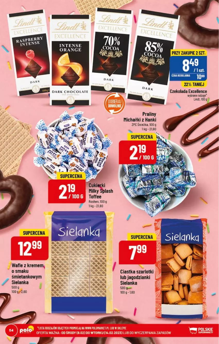 Gazetka promocyjna PoloMarket - Gazetka pomocyjna - ważna 08.02 do 14.02.2023 - strona 54 - produkty: Ciastka, Cukier, Cukierki, Czekolada, Lindt, Michałki, Praliny, Wafle