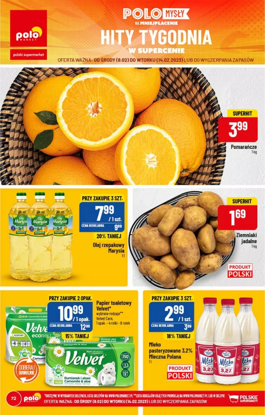 Gazetka promocyjna PoloMarket - Gazetka pomocyjna - ważna 08.02 do 14.02.2023 - strona 72 - produkty: LANA, Miecz, Mleko, Olej, Olej rzepakowy, Papier, Papier toaletowy, Pomarańcze, Rolki, Velvet