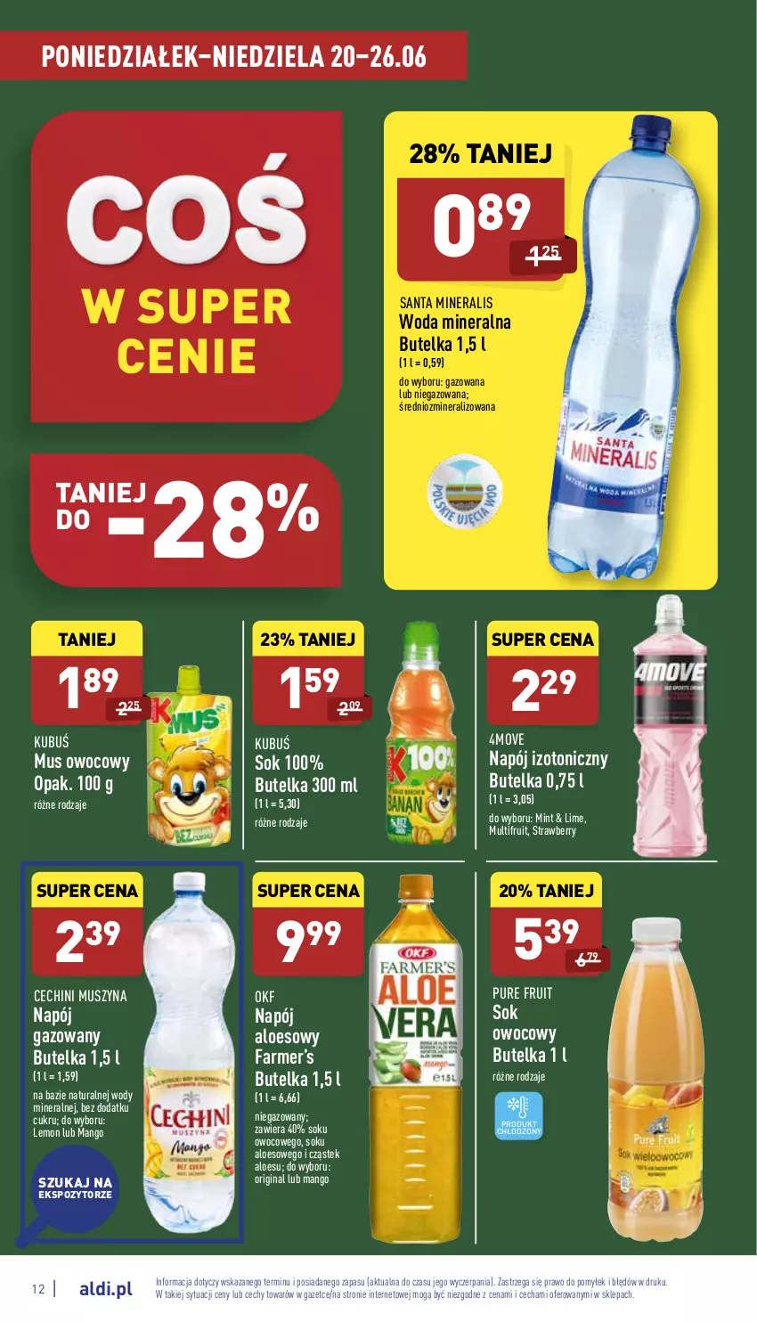 Gazetka promocyjna Aldi - Katalog spożywczy - ważna 20.06 do 26.06.2022 - strona 12 - produkty: Fa, Gin, Kubuś, Mango, Mus, Napój, Napój gazowany, Napój izotoniczny, Pur, Sok, Stek, Szyna, Woda, Woda mineralna