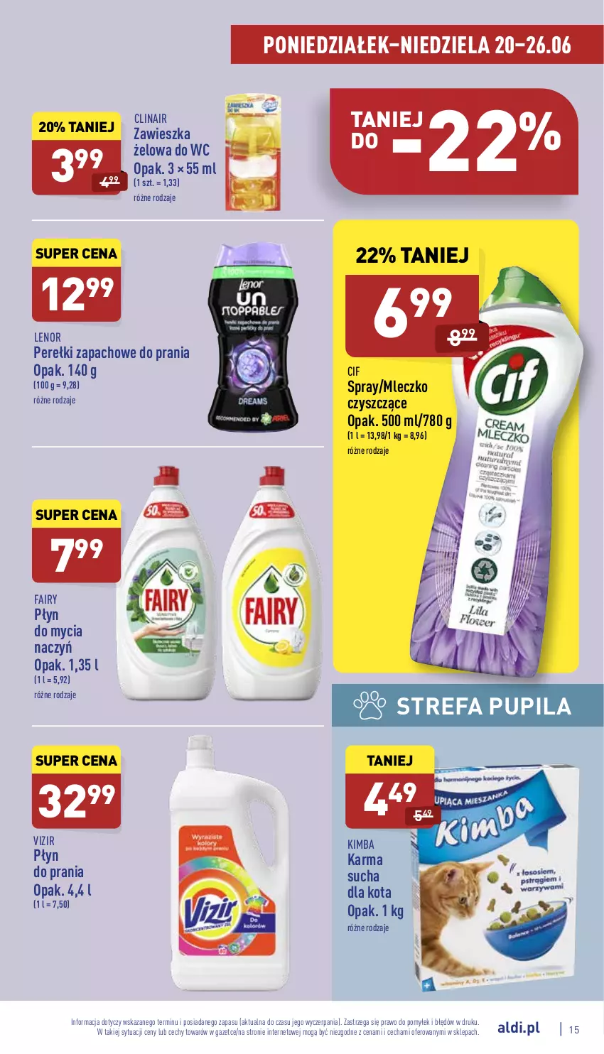 Gazetka promocyjna Aldi - Katalog spożywczy - ważna 20.06 do 26.06.2022 - strona 15 - produkty: Cif, Clin, Do mycia naczyń, Fa, Fairy, Lenor, Mleczko, Perełki zapachowe, Płyn do mycia, Płyn do mycia naczyń, Płyn do prania, Vizir