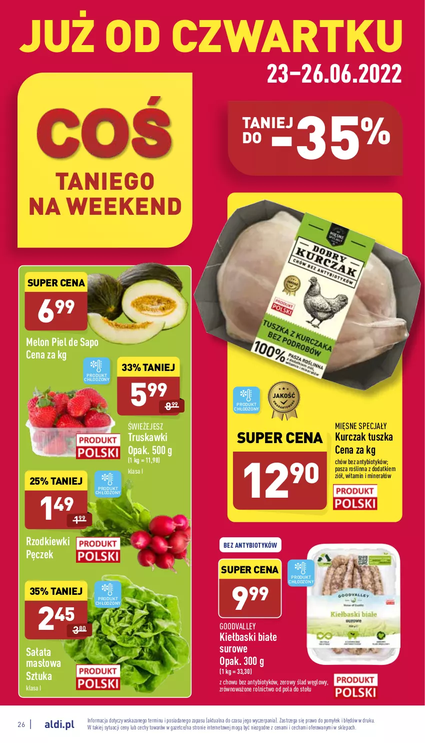 Gazetka promocyjna Aldi - Katalog spożywczy - ważna 20.06 do 26.06.2022 - strona 26 - produkty: Kiełbaski białe, Kurczak, Masło, Melon, Mięsne specjały, Sałat, Sałata masłowa, Truskawki, Tusz