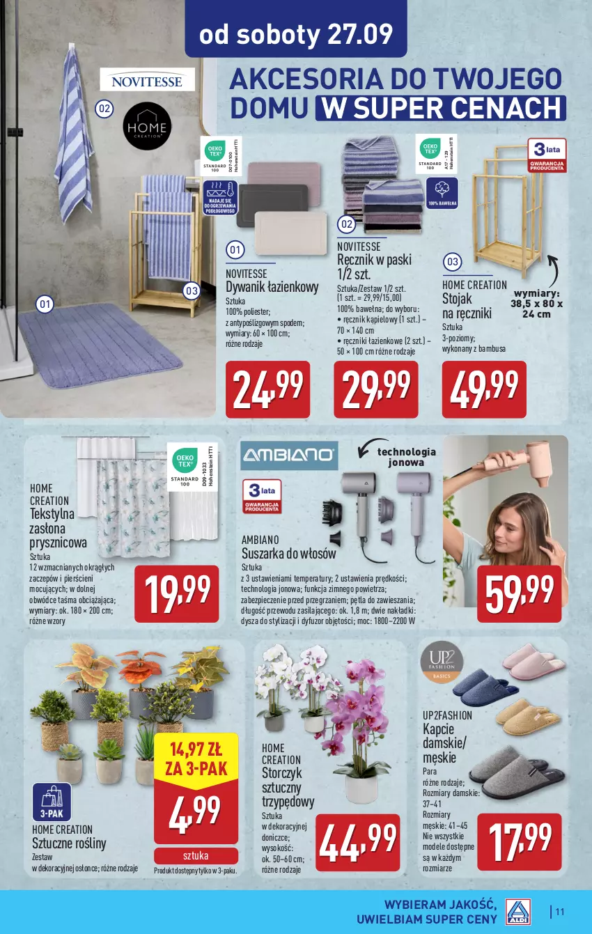 Gazetka promocyjna Aldi - Artykuły przemysłowe i tekstylia - ważna 22.09 do 27.09.2025 - strona 11 - produkty: Dywan, Dywanik, Dywanik łazienkowy, Fa, Kapcie, Piec, Ręcznik, Ręcznik kąpielowy, Sok, Stojak, Storczyk, Suszarka, Wełna, Zasłona, Zasłona prysznicowa