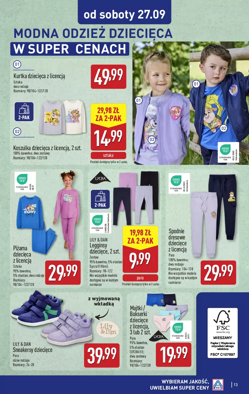 Gazetka promocyjna Aldi - Artykuły przemysłowe i tekstylia - ważna 22.09 do 27.09.2025 - strona 13 - produkty: Bokserki, Dres, Dzieci, Gin, Kosz, Koszulka, Kurtka, Kurtka dziecięca, Legginsy, Majtki, Piżama, Ser, Sneakersy, Spodnie, Spodnie dresowe, Wełna