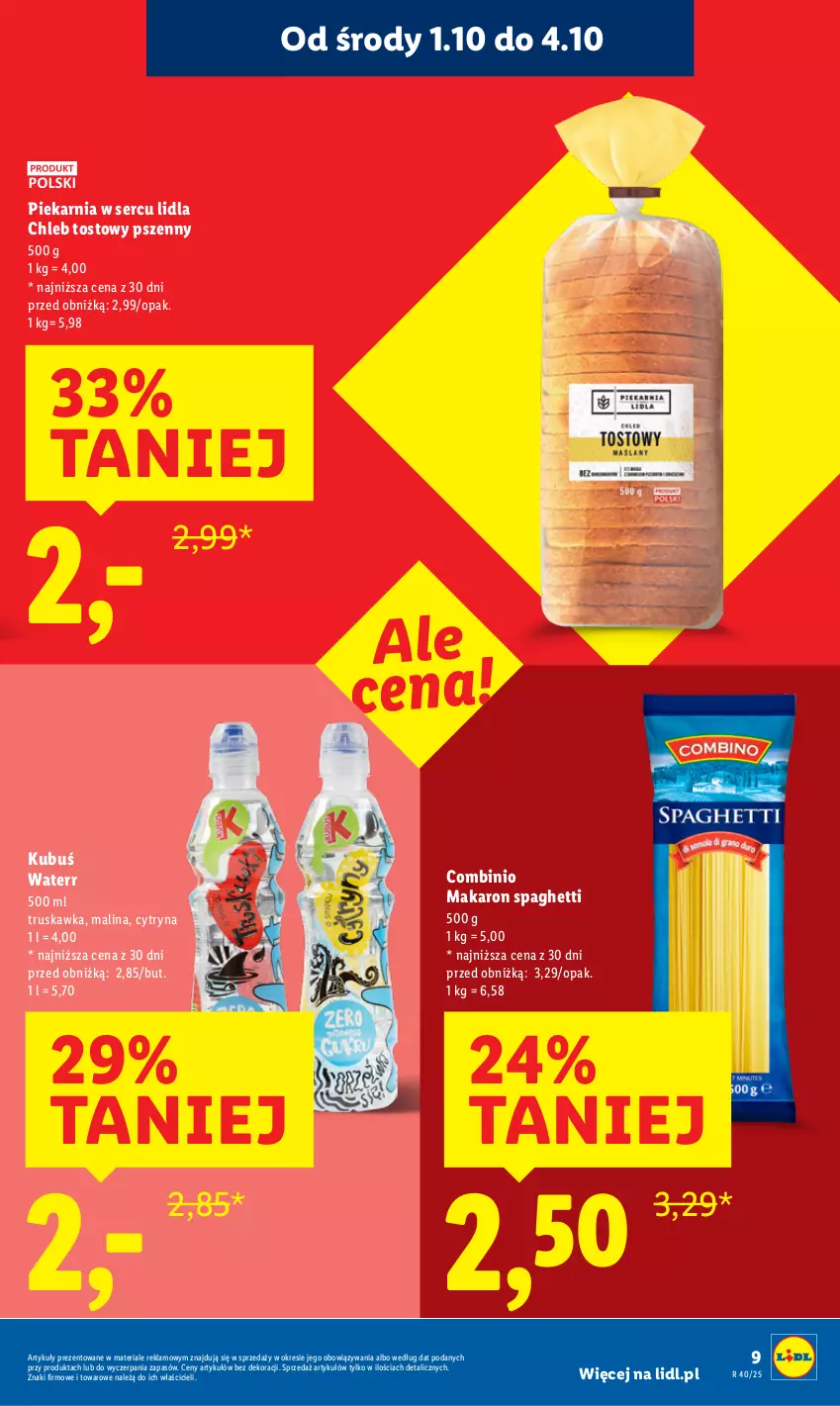 Gazetka promocyjna Lidl - GAZETKA - ważna 29.09 do 01.10.2025 - strona 9 - produkty: Chleb, Chleb tostowy, Kubuś, Makaron, Ser, Spaghetti