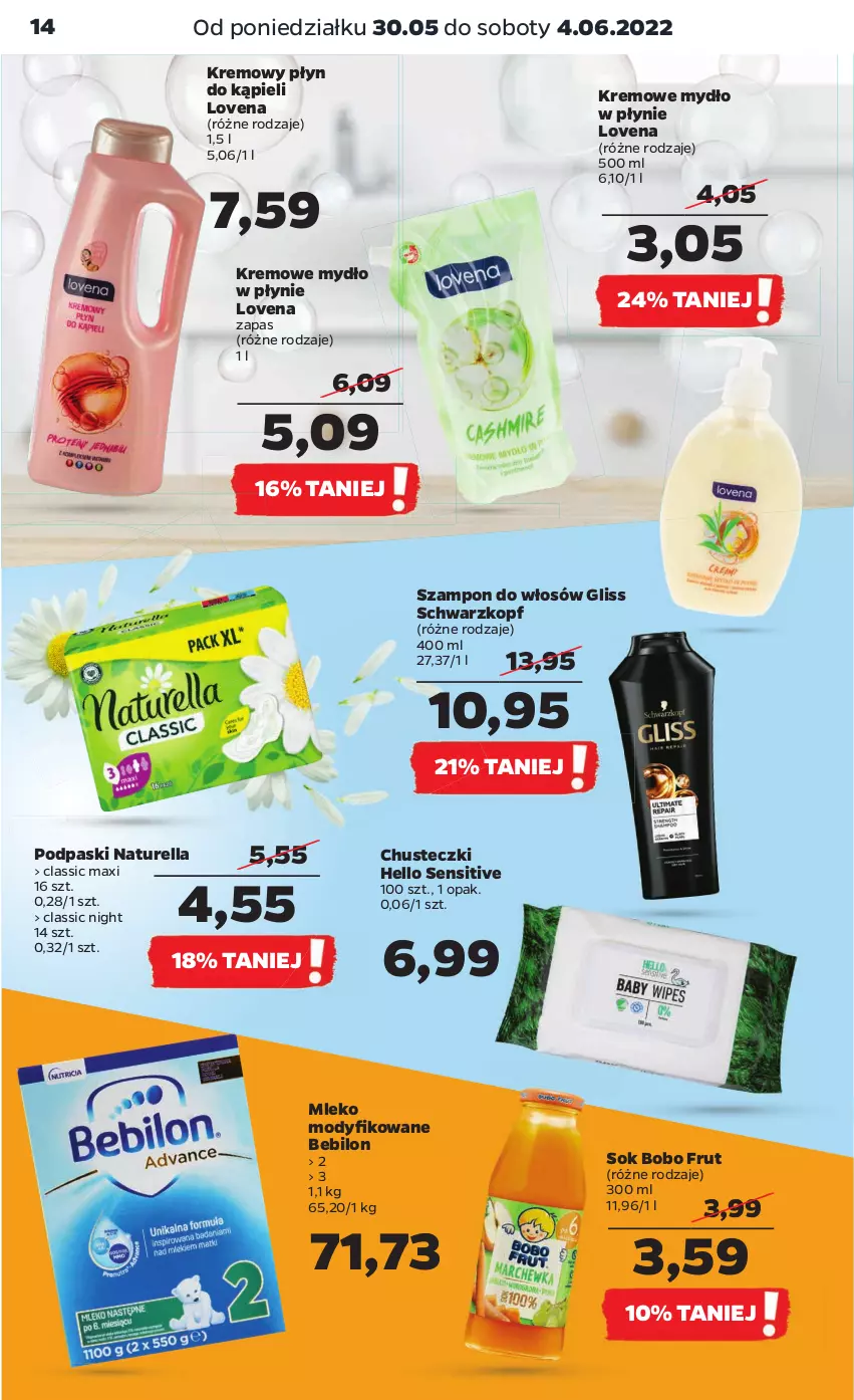 Gazetka promocyjna Netto - Gazetka spożywcza - ważna 30.05 do 04.06.2022 - strona 14 - produkty: BEBILON, Chusteczki, Mleko, Mleko modyfikowane, Mydło, Mydło w płynie, Naturell, Naturella, Płyn do kąpieli, Podpaski, Schwarzkopf, Sok, Szampon