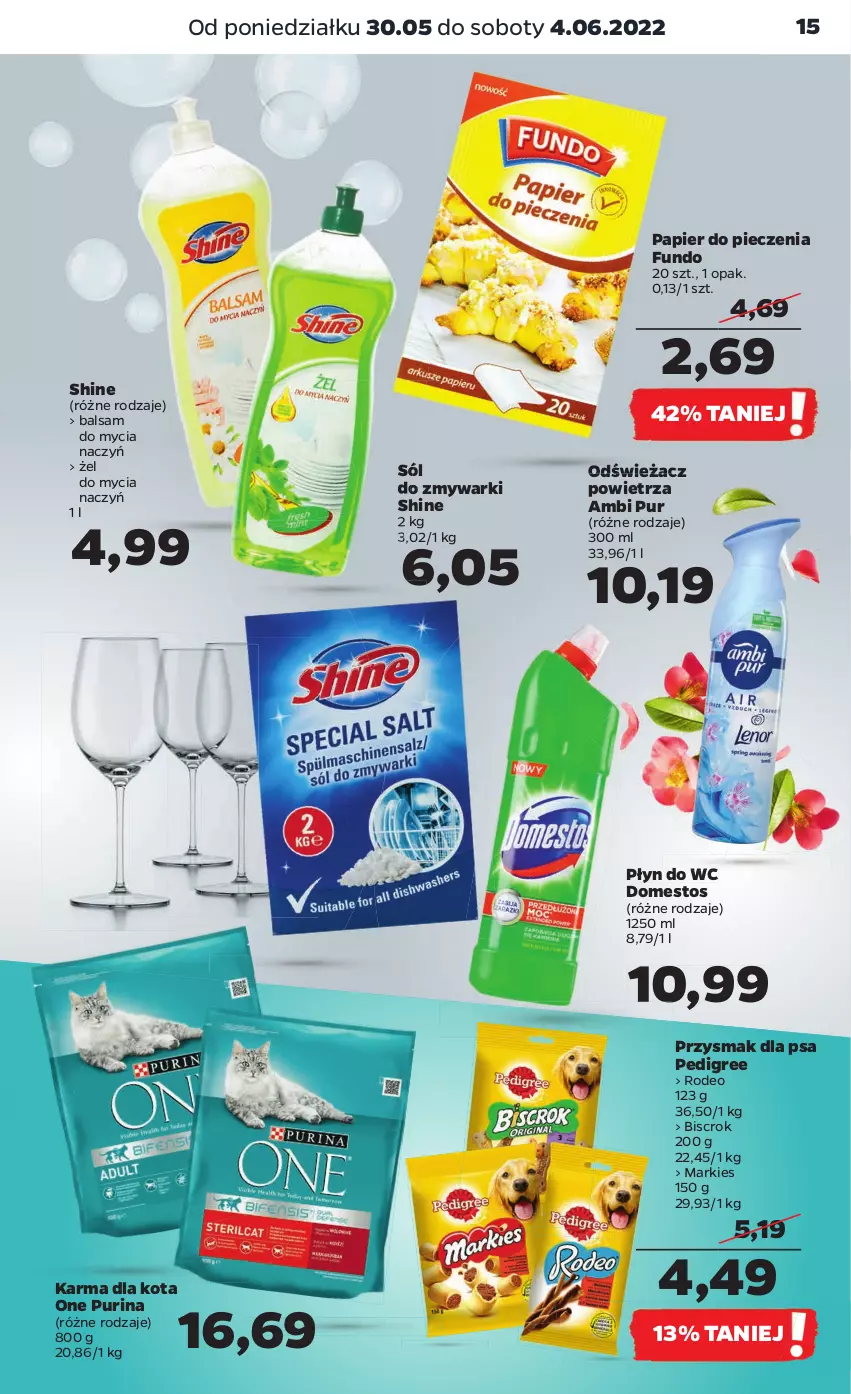 Gazetka promocyjna Netto - Gazetka spożywcza - ważna 30.05 do 04.06.2022 - strona 15 - produkty: Ambi Pur, Balsam do mycia naczyń, Do mycia naczyń, Domestos, Odświeżacz powietrza, Papier, Papier do pieczenia, Pedigree, Piec, Płyn do wc, Przysmak dla psa, Pur, Purina, Sól, Zmywarki