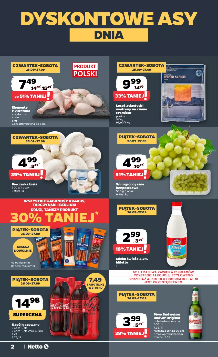 Gazetka promocyjna Netto - Od Czwartku - ważna 25.09 do 27.09.2025 - strona 2 - produkty: Berlinki, Coca-Cola, Gin, Gra, Kabanos, Krakus, Kurczak, Mleko, Napój, Napój gazowany, Piec, Pieczarka, Piwa, Piwo, Ser, Tarczyński, Wino