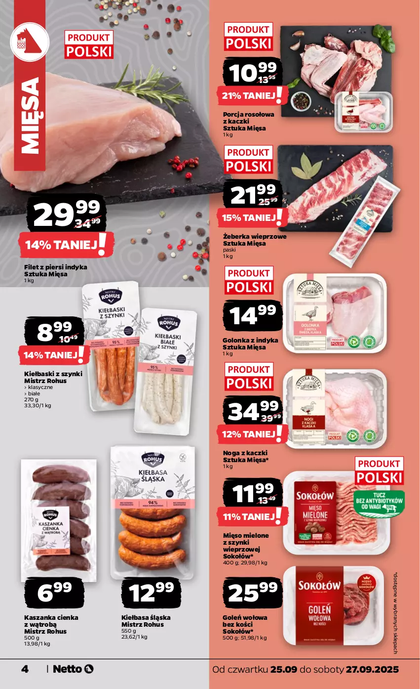 Gazetka promocyjna Netto - Od Czwartku - ważna 25.09 do 27.09.2025 - strona 4 - produkty: Filet z piersi indyka, Golonka z indyka, Kasza, Kaszanka, Kiełbasa, Kiełbasa śląska, Mięso, Mięso mielone, Mięso mielone z szynki, Noga z kaczki, Por, Sok, Sokołów