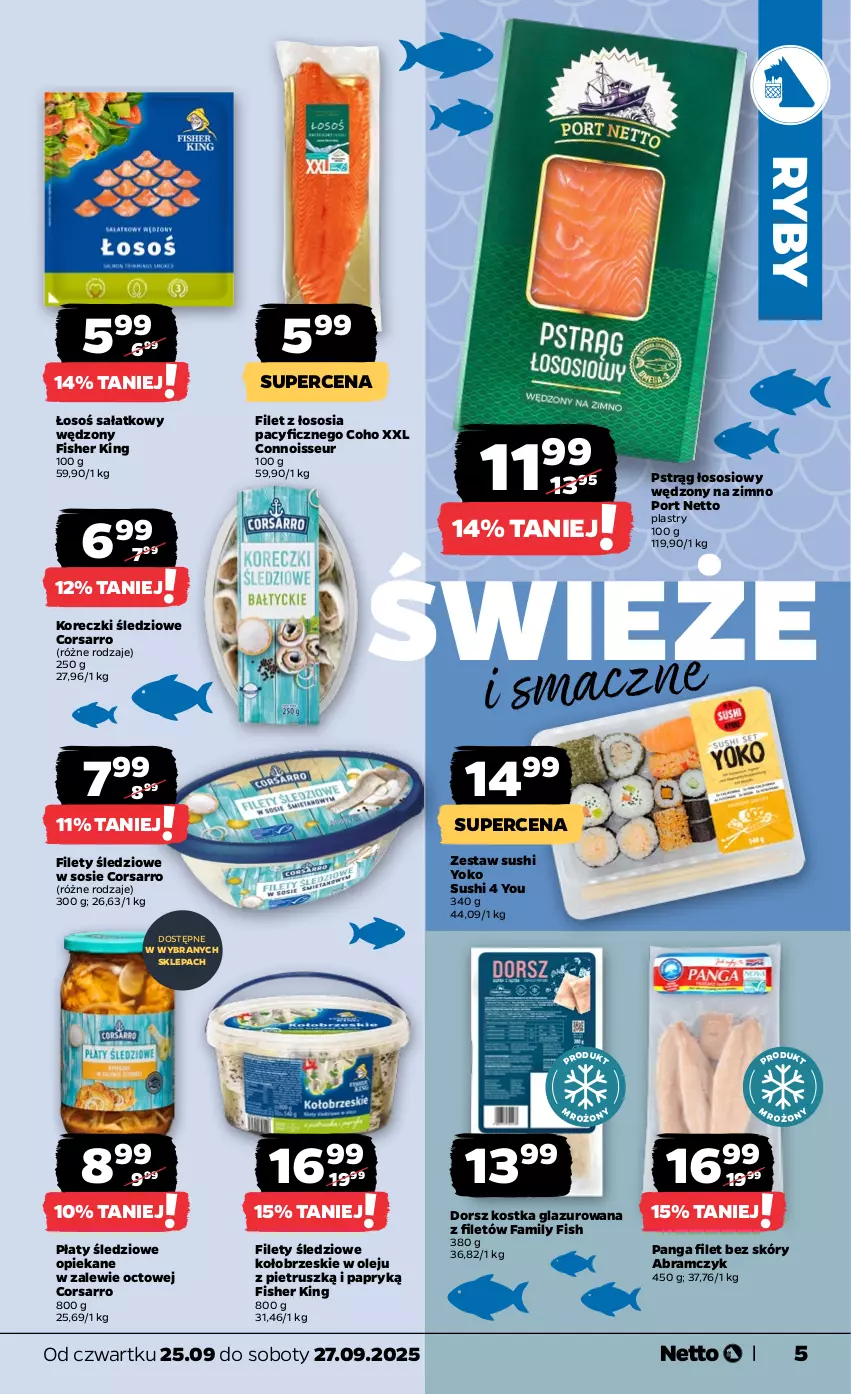 Gazetka promocyjna Netto - Od Czwartku - ważna 25.09 do 27.09.2025 - strona 5 - produkty: Dorsz, Fa, Koreczki śledziowe, Lazur, Olej, Panga, Płaty śledziowe, Por, Pstrąg, Pstrąg łososiowy, Sałat, Sos, Sushi