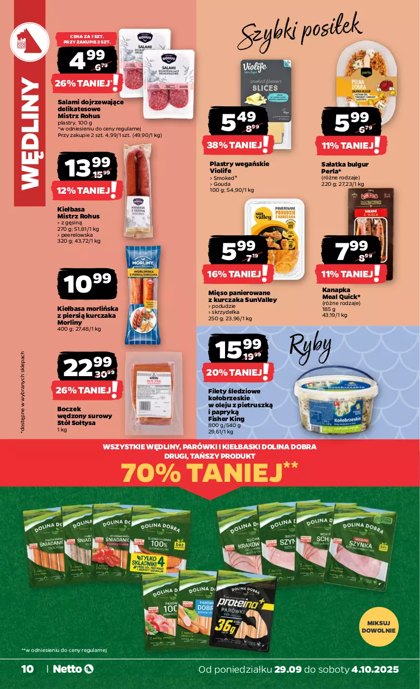 Gazetka promocyjna Netto - Od Poniedziałku - ważna 29.09 do 04.10.2025 - strona 10 - produkty: Boczek, Bulgur, Gouda, Kiełbasa, Kurczak, LG, Mięso, Morliny, Olej, Parówki, Salami, Sałat, Sałatka, Stół