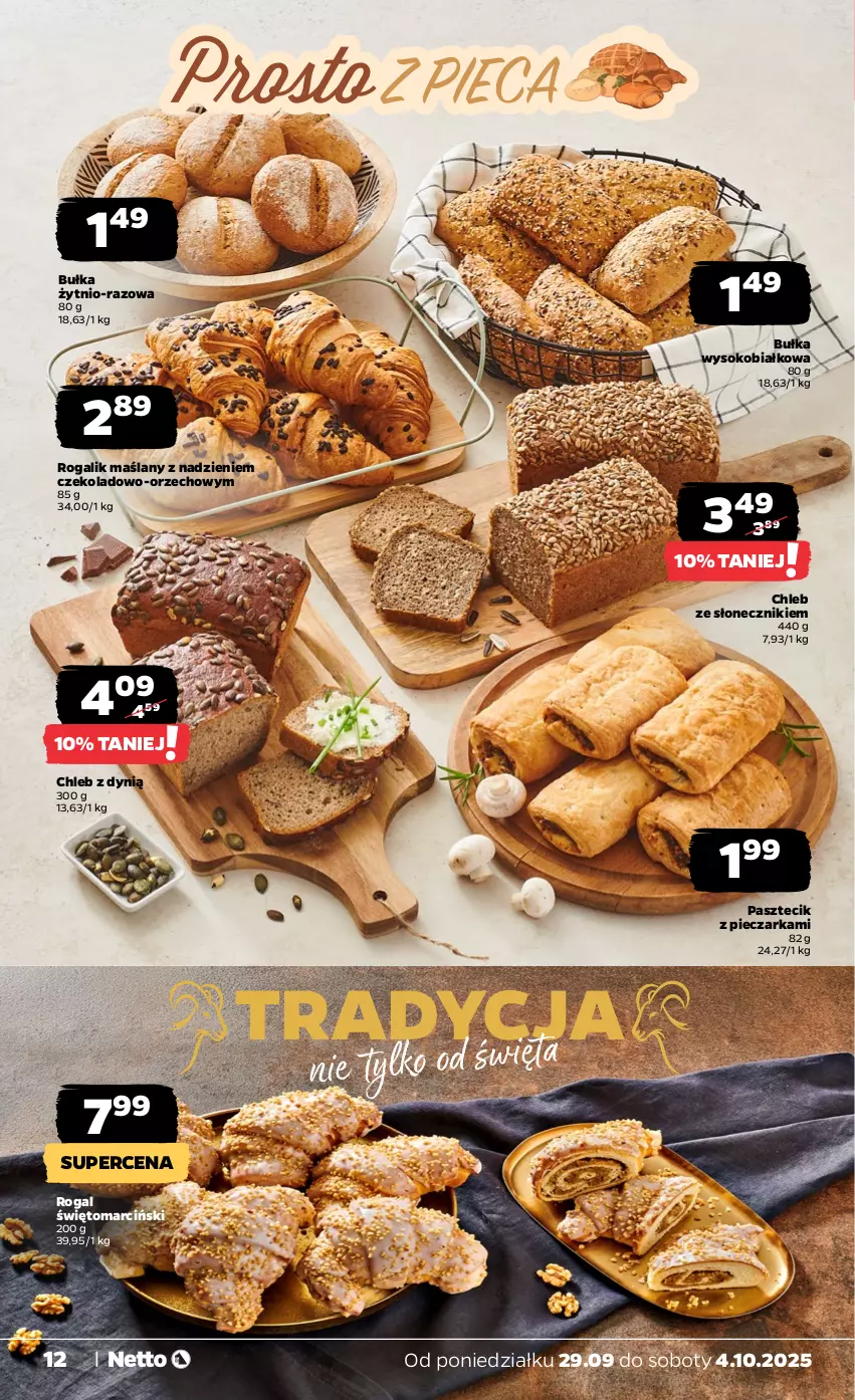 Gazetka promocyjna Netto - Od Poniedziałku - ważna 29.09 do 04.10.2025 - strona 12 - produkty: Bułka, Chleb, Dynią, Pasztecik z pieczarkami, Piec, Pieczarka, Rogal, Sok