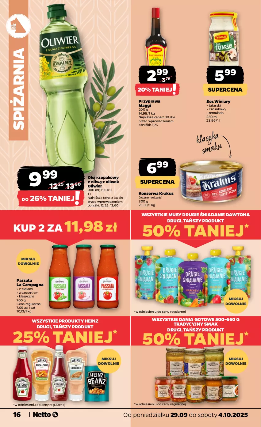 Gazetka promocyjna Netto - Od Poniedziałku - ważna 29.09 do 04.10.2025 - strona 16 - produkty: Dania gotowe, Dawtona, Heinz, Krakus, Maggi, Mus, Olej, Olej rzepakowy, Ser, Sos, Winiary
