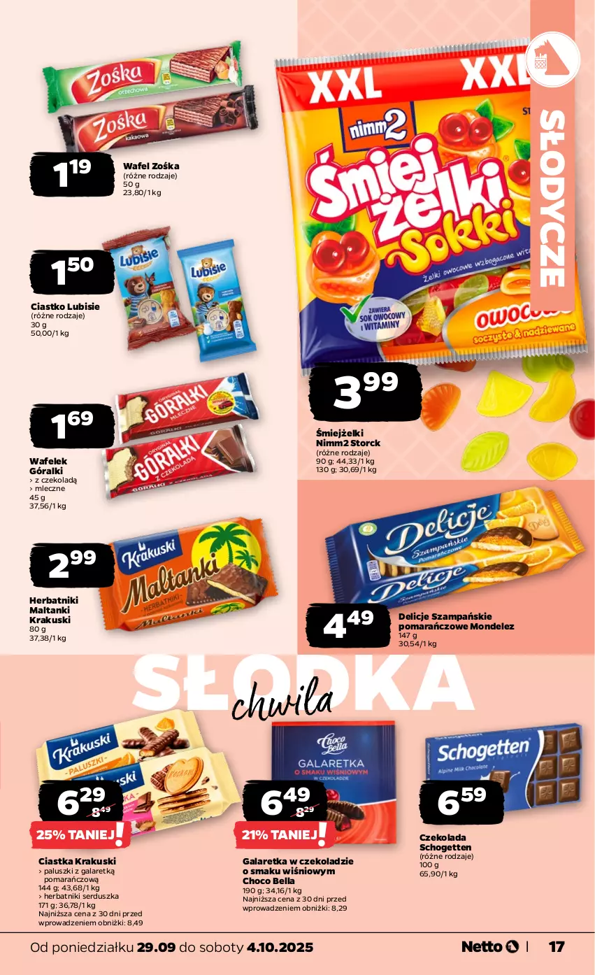 Gazetka promocyjna Netto - Od Poniedziałku - ważna 29.09 do 04.10.2025 - strona 17 - produkty: Bell, Bella, Ciastka, Czekolada, Delicje, Gala, Galaretka, Góralki, Herbatniki, Krakus, Krakuski, Lubisie, Nimm2, Schogetten, Ser, Słodka Chwila, Wafelek