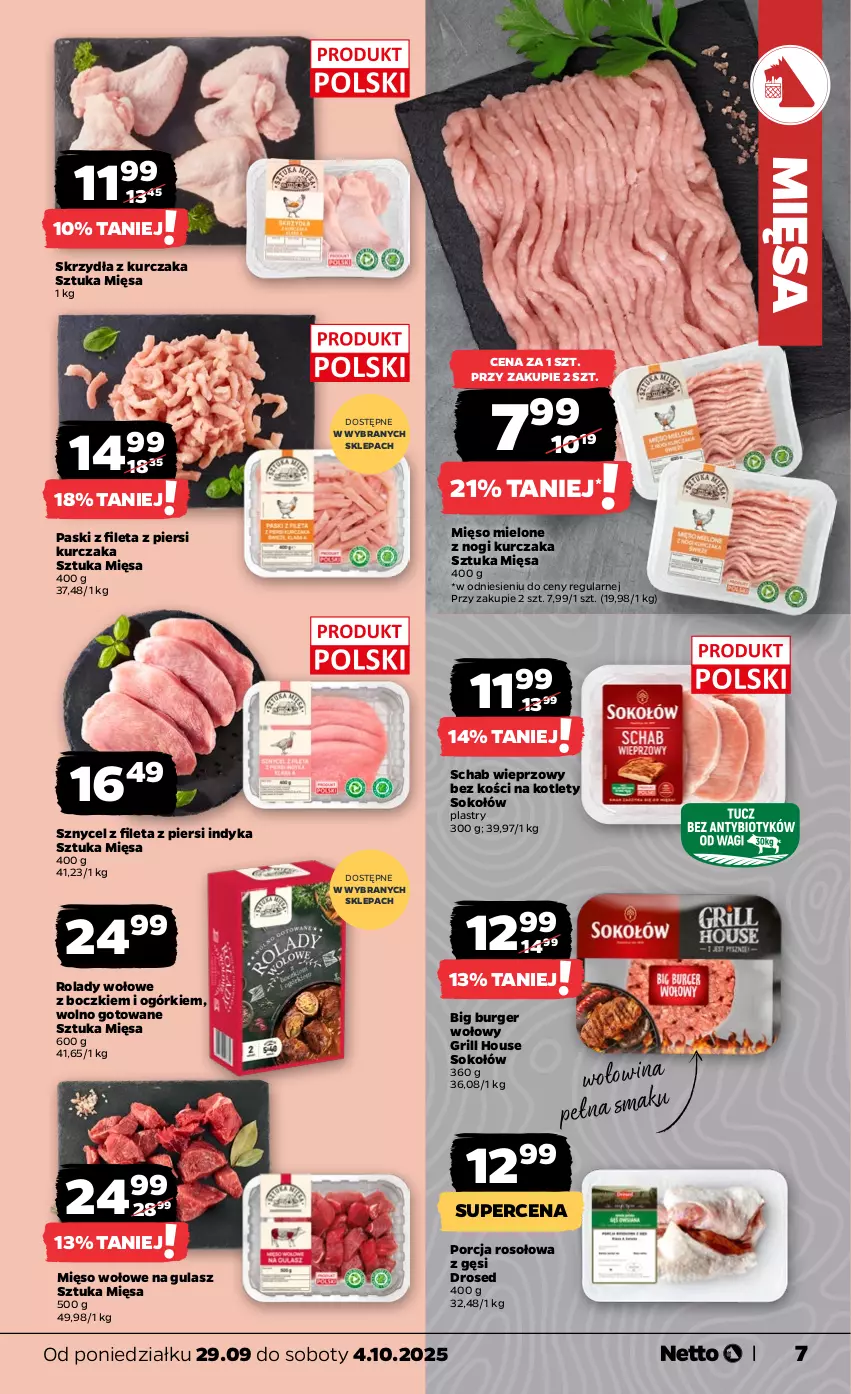 Gazetka promocyjna Netto - Od Poniedziałku - ważna 29.09 do 04.10.2025 - strona 7 - produkty: Burger, Grill, Kotlet, Kurczak, Mięso, Mięso mielone, Mięso wołowe, Por, Schab wieprzowy, Sok, Sokołów, Wołowina
