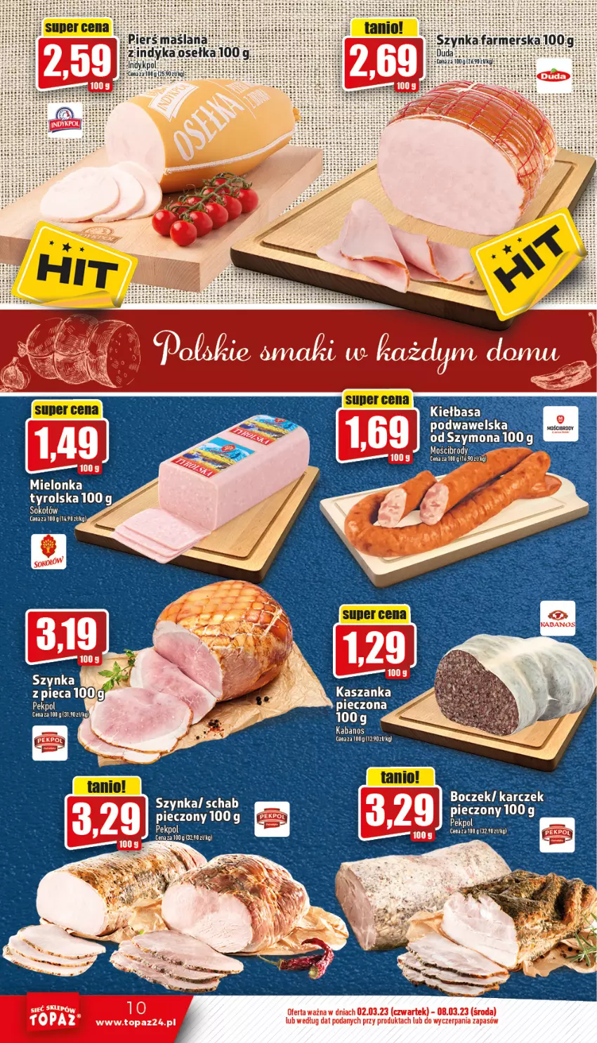 Gazetka promocyjna Topaz - Gazetka - ważna 02.03 do 08.03.2023 - strona 10 - produkty: Boczek, Fa, Kabanos, Kasza, Kaszanka, Kiełbasa, LANA, Piec, Sok, Sokołów, Szynka, Wawel