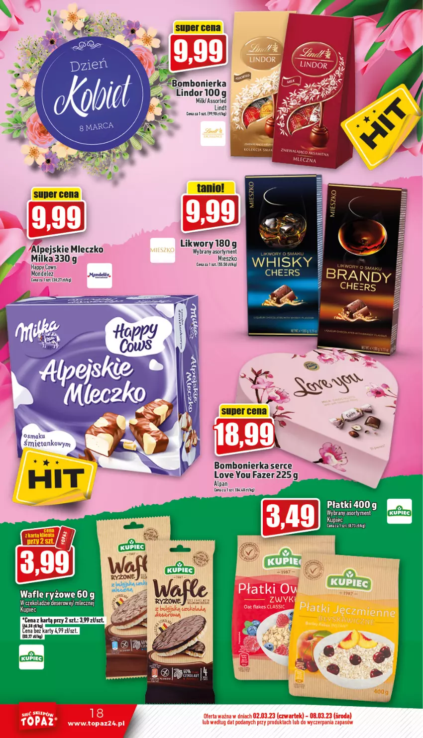 Gazetka promocyjna Topaz - Gazetka - ważna 02.03 do 08.03.2023 - strona 18 - produkty: Deser, Fa, Kupiec, Lindor, Lindt, Milka, Mleczko, Piec, Ryż, Ser, Wafle