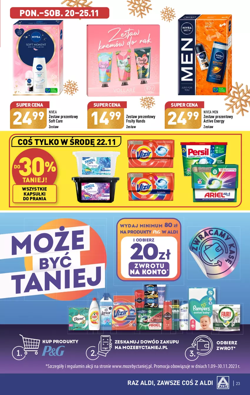 Gazetka promocyjna Aldi - Pełna oferta - ważna 20.11 do 25.11.2023 - strona 23 - produkty: Kapsułki do prania, Nivea, Nivea Men, Zestaw prezentowy