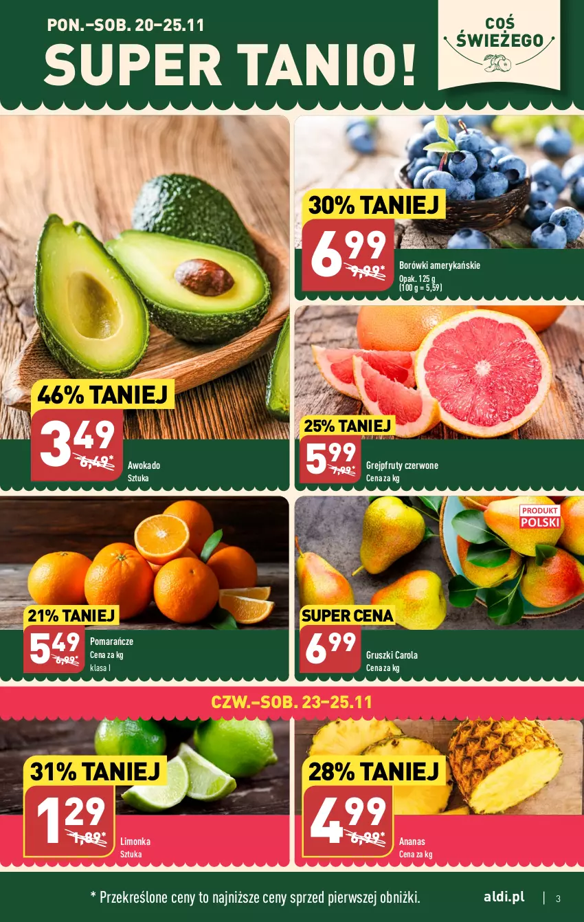 Gazetka promocyjna Aldi - Pełna oferta - ważna 20.11 do 25.11.2023 - strona 3 - produkty: Ananas, Grejpfrut, Gruszki, Limonka, Pomarańcze