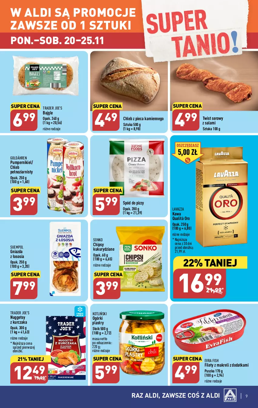 Gazetka promocyjna Aldi - Pełna oferta - ważna 20.11 do 25.11.2023 - strona 9 - produkty: Bajgle, Chipsy, Chleb, Evra Fish, Kawa, Kurczak, Lavazza, Piec, Salami, Ser, Sonko, Sos, Spód do pizzy, Suempol