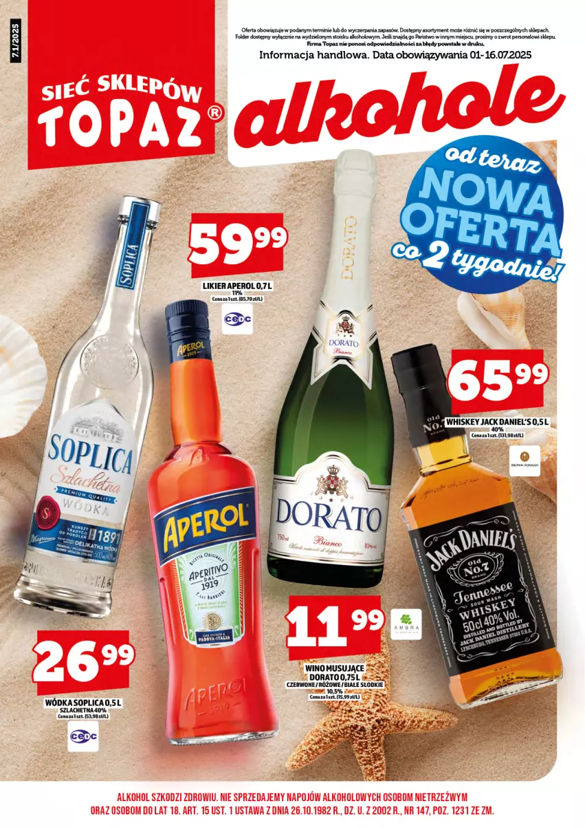 Gazetka promocyjna Topaz - Gazetka - ważna 01.07 do 16.07.2025 - strona 3 - produkty: Aperol, Likier, Mus, Soplica, Top, Wino, Wino musujące, Wódka