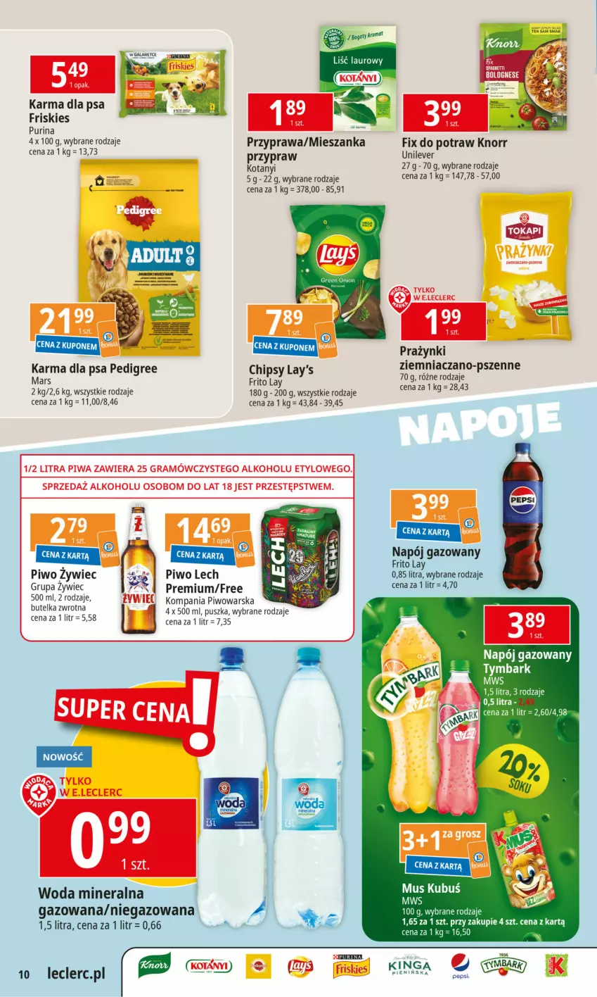 Gazetka promocyjna E Leclerc - ważna 02.04 do 08.04.2024 - strona 10 - produkty: Friskies, Gala, Knorr, Mars, Napój, Napój gazowany, Pedigree, Piwo, Pur, Purina, Tymbark, Woda, Woda mineralna